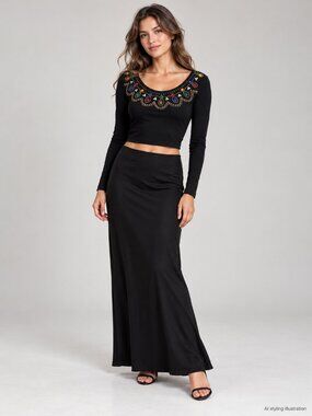 Contempo Casuals Black Embellished Scoop Neck Long Sleeve Crop Top Y2K Small
